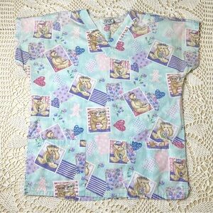 Vintage 1990s Simply Basic Women's S Teddy Bear Patchwork Scrub Top